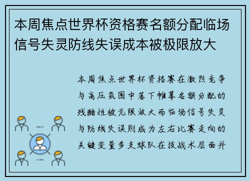 本周焦点世界杯资格赛名额分配临场信号失灵防线失误成本被极限放大